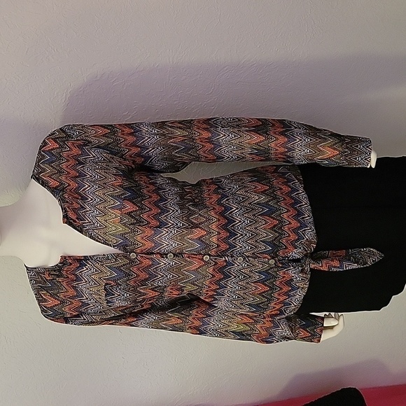 KUT FROM THE KLOTH Zigzag Rainbow Chiffon Button Down Tie Waist Festival Shirt - Picture 4 of 10